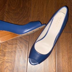 Cole Haan open toe navy blue wedges